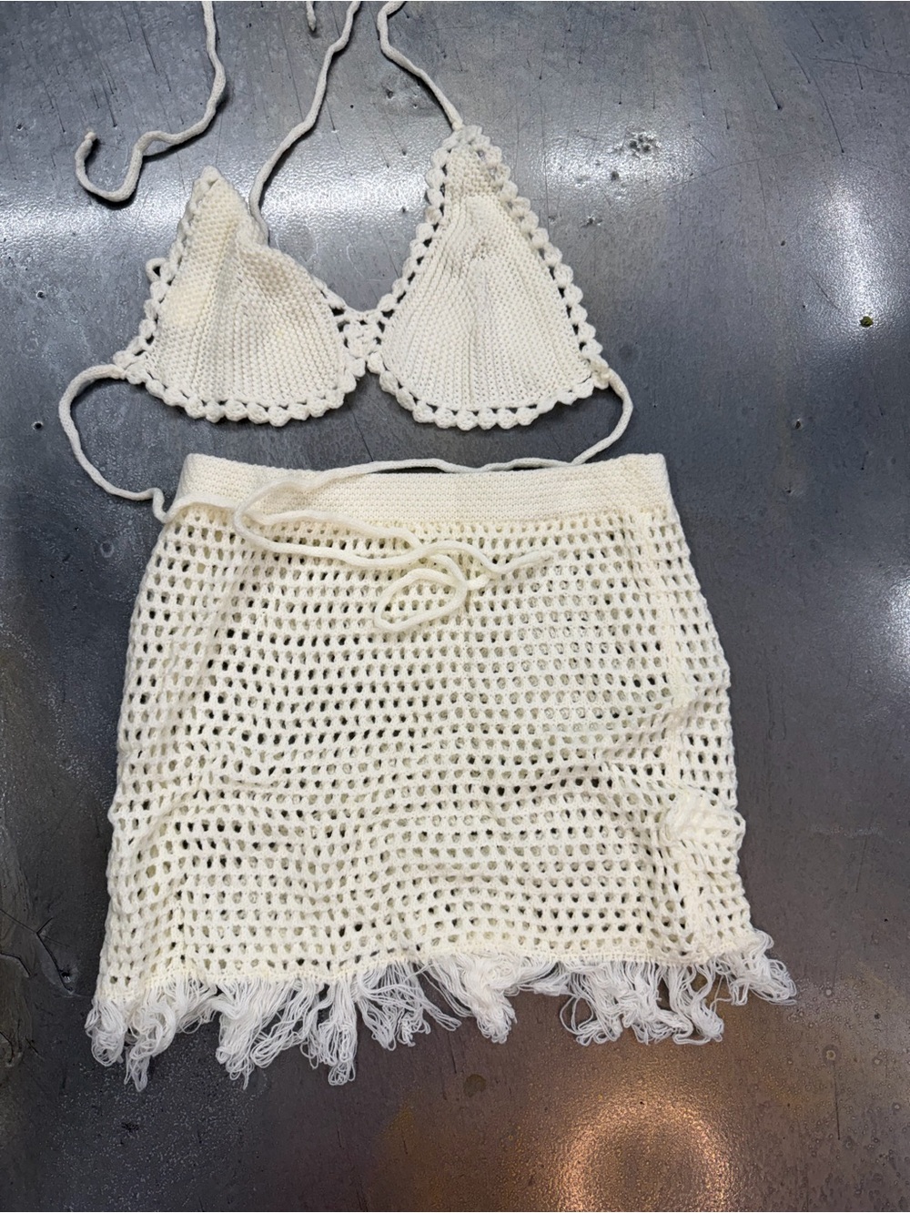Crochet Bikini Top & Fringe Skirt Set in Cream